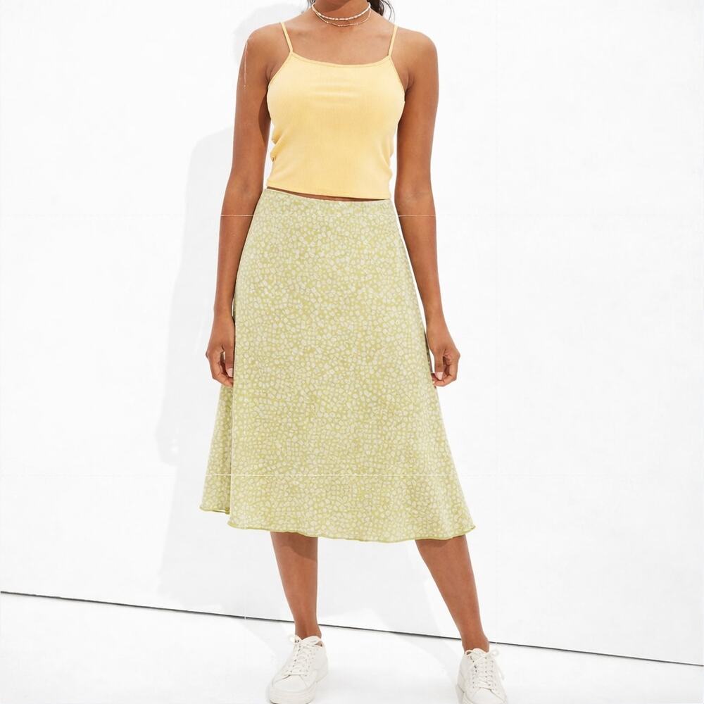 AMERICAN EAGLE Mesh Micro Floral Midi Skirt Lime Green Large L